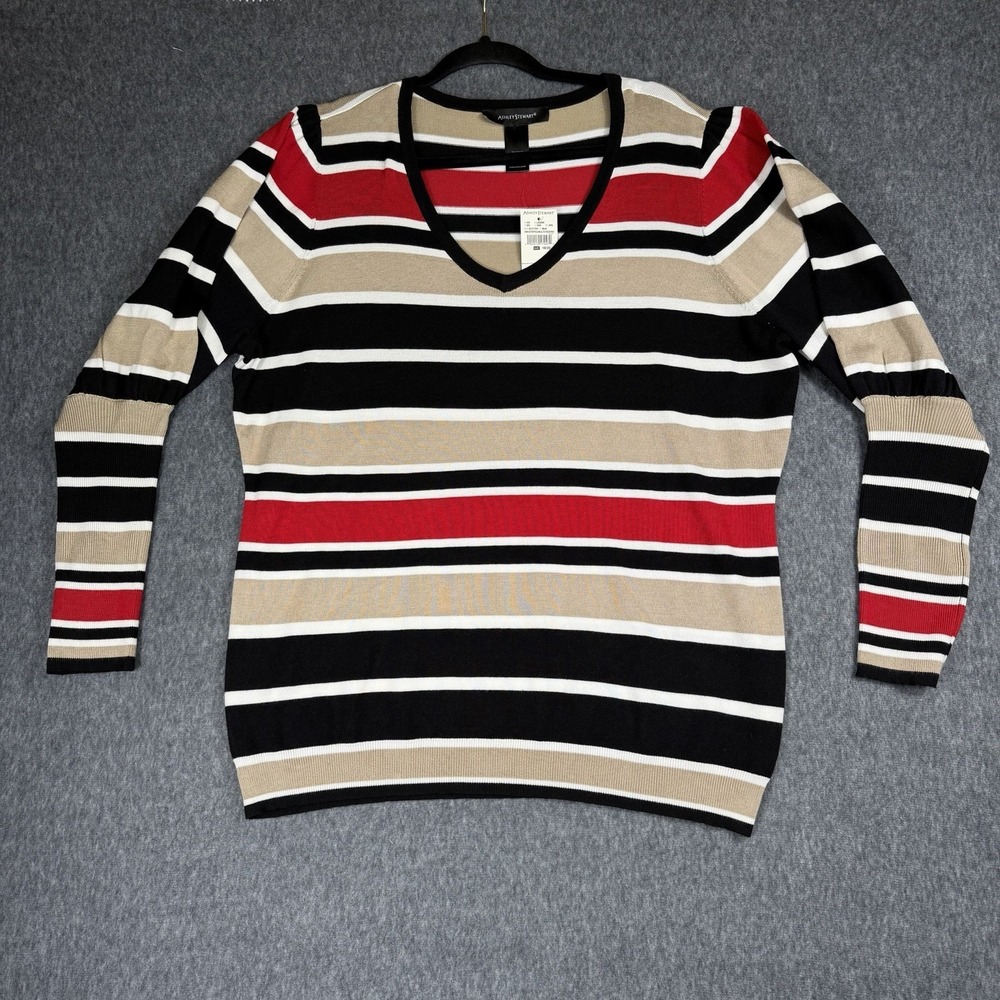 Ashley Stewart‎ Women's Sweater Size 18/20 Striped V Neck Black Red Beige
